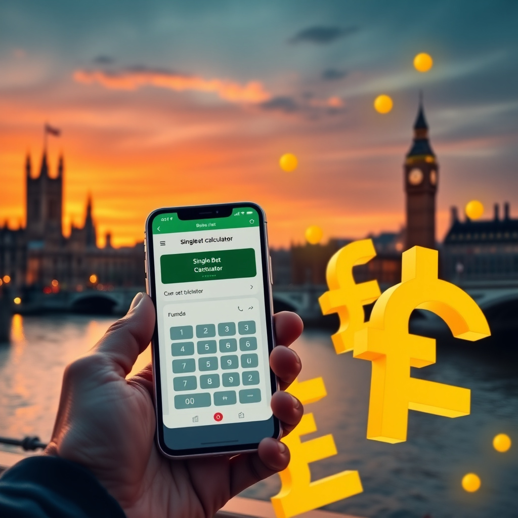A hand holding a high-end smartphone displaying a professional Single Bet Calculator app with a clean white and green interface, background is the London skyline with the Big Ben and Westminster at sunset, 3D golden British Pound symbols (£) and green pro